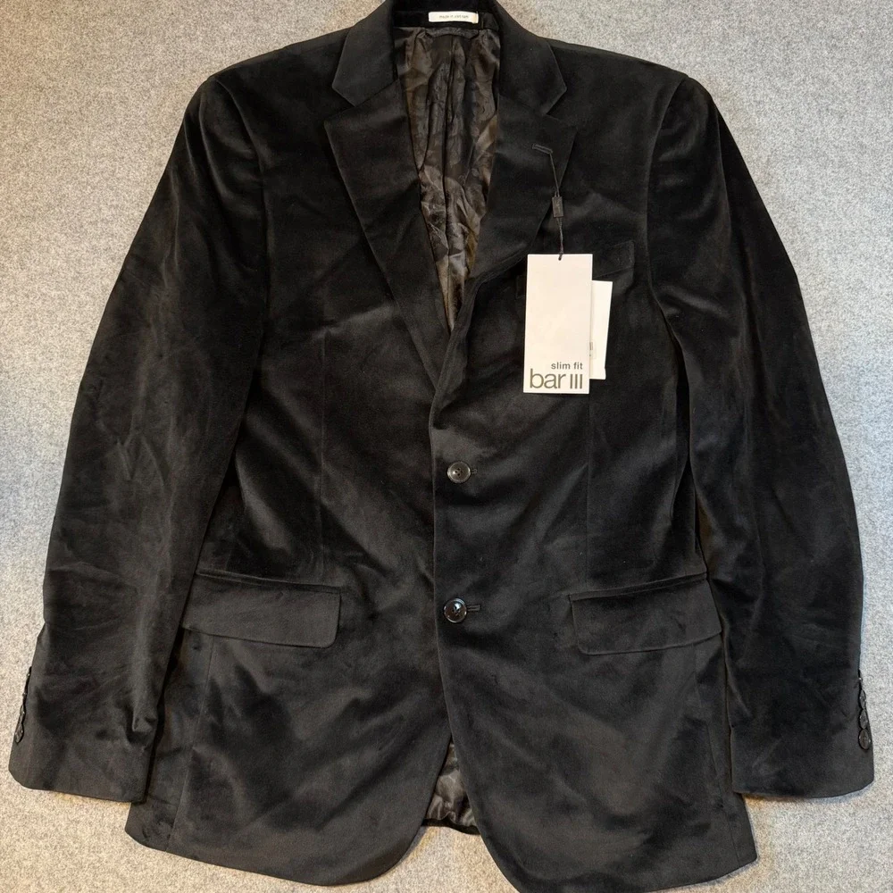 Bar III Mens Slim Fit Black Velvet Blazer Sport Coat Jacket 38R New With Tags